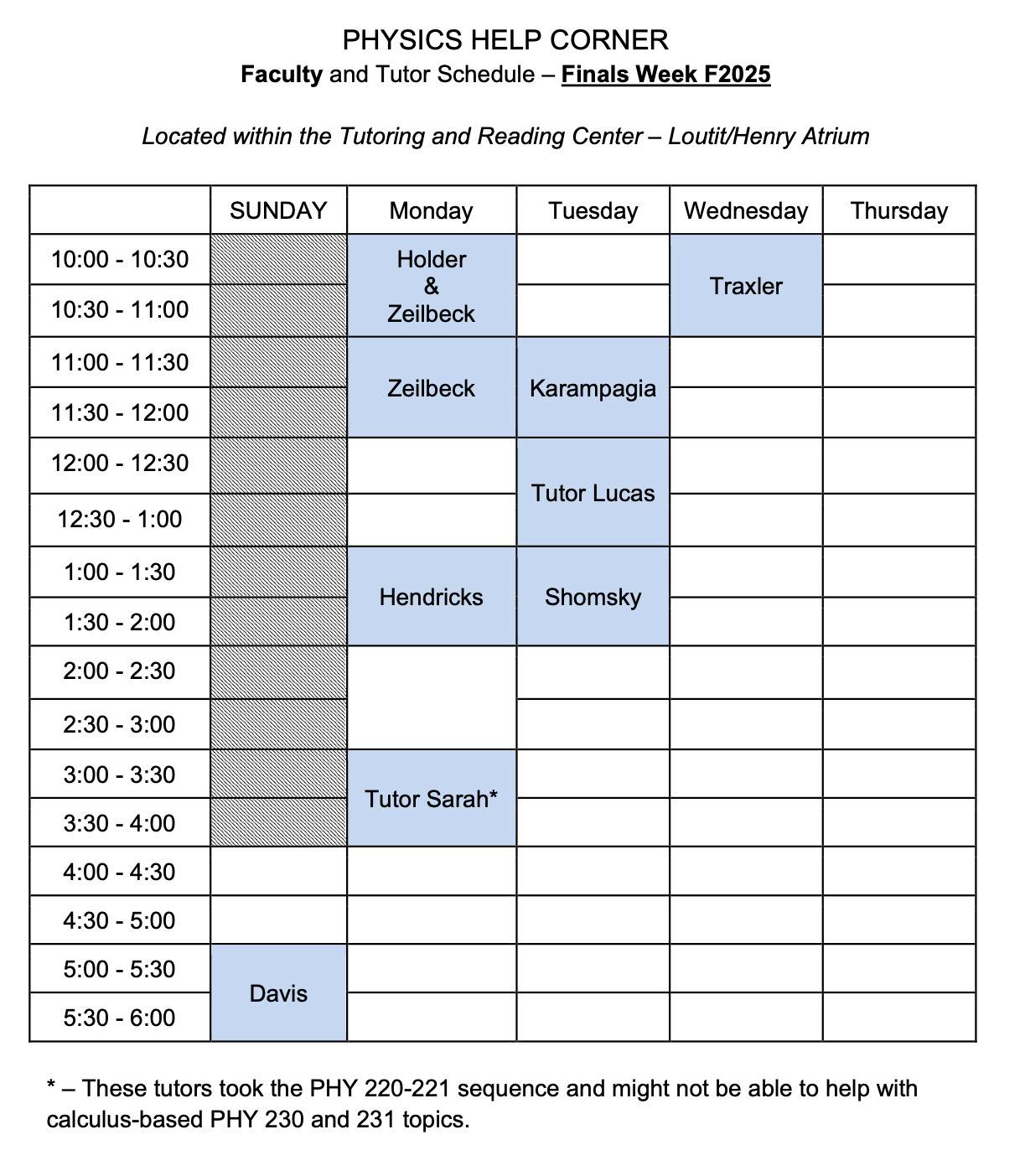 F2025 Finals Week schedule for the Physics Help Corner